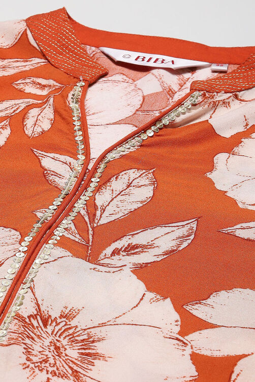 Burnt Orange LIVA Straight Printed Kurta image number 2