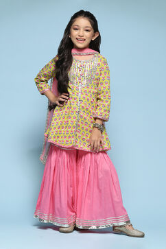 Lime Green Cotton Printed Kurta Garara Suit Set image number 7