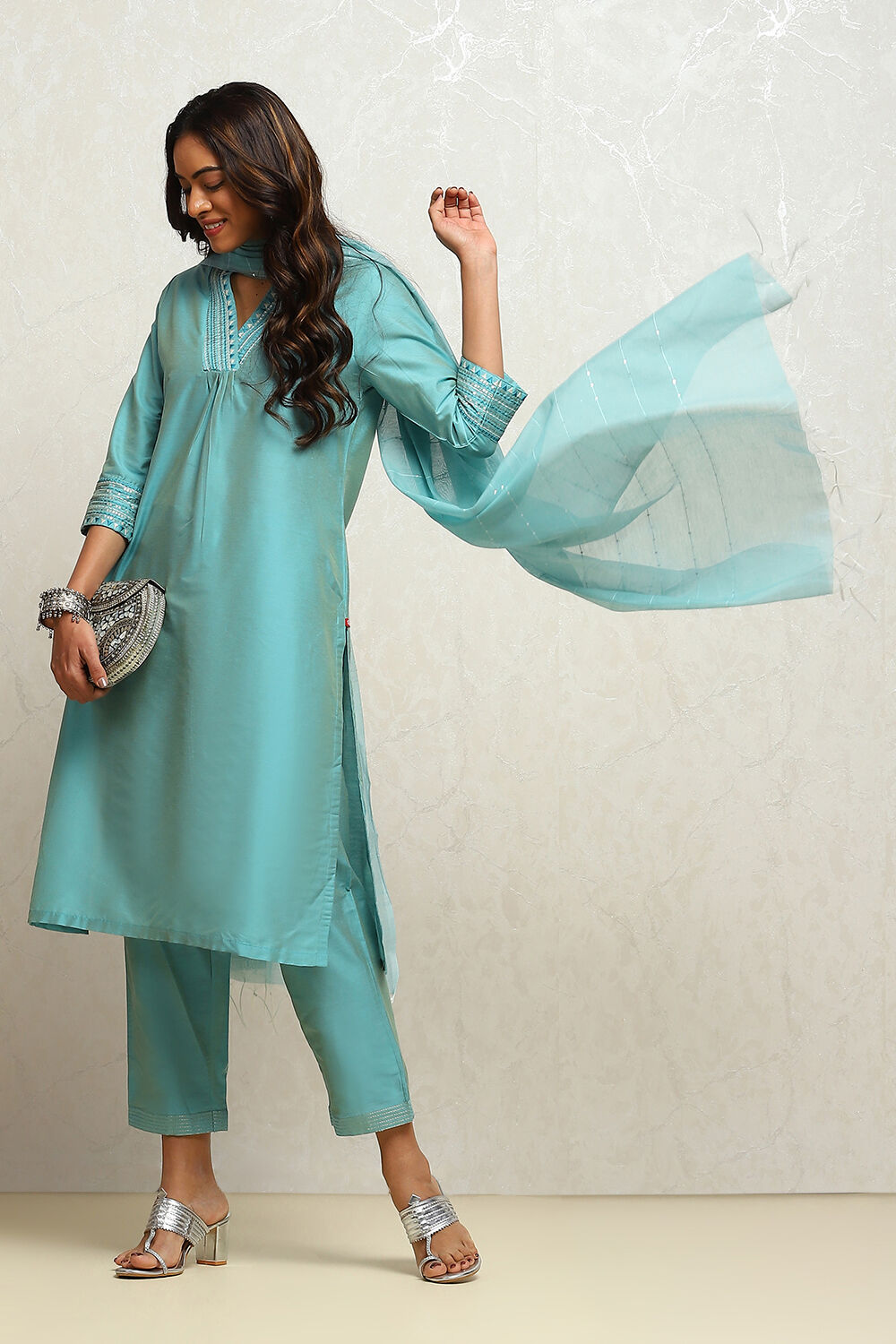 Powder Blue Solid Festive Straight Suit Set at Biba India