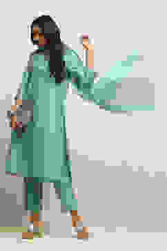 Powder Blue Solid Festive Straight Suit Set image number 0