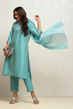 Powder Blue Solid Festive Straight Suit Set image number 0