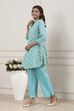 Turquoise Cotton Kalidar Kurta Pants Set image number 3
