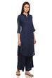 Navy Blue Front Open Cotton And Flax Solid Kurta image number 2