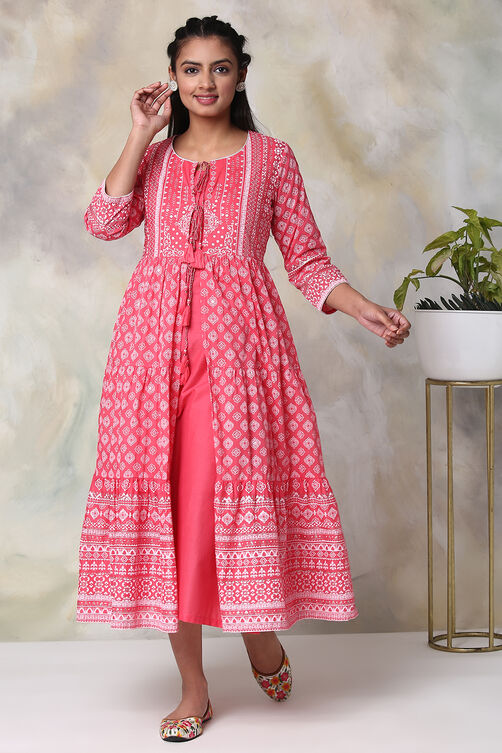 Pink Cotton Double Layered Printed Kurta Dress image number 5