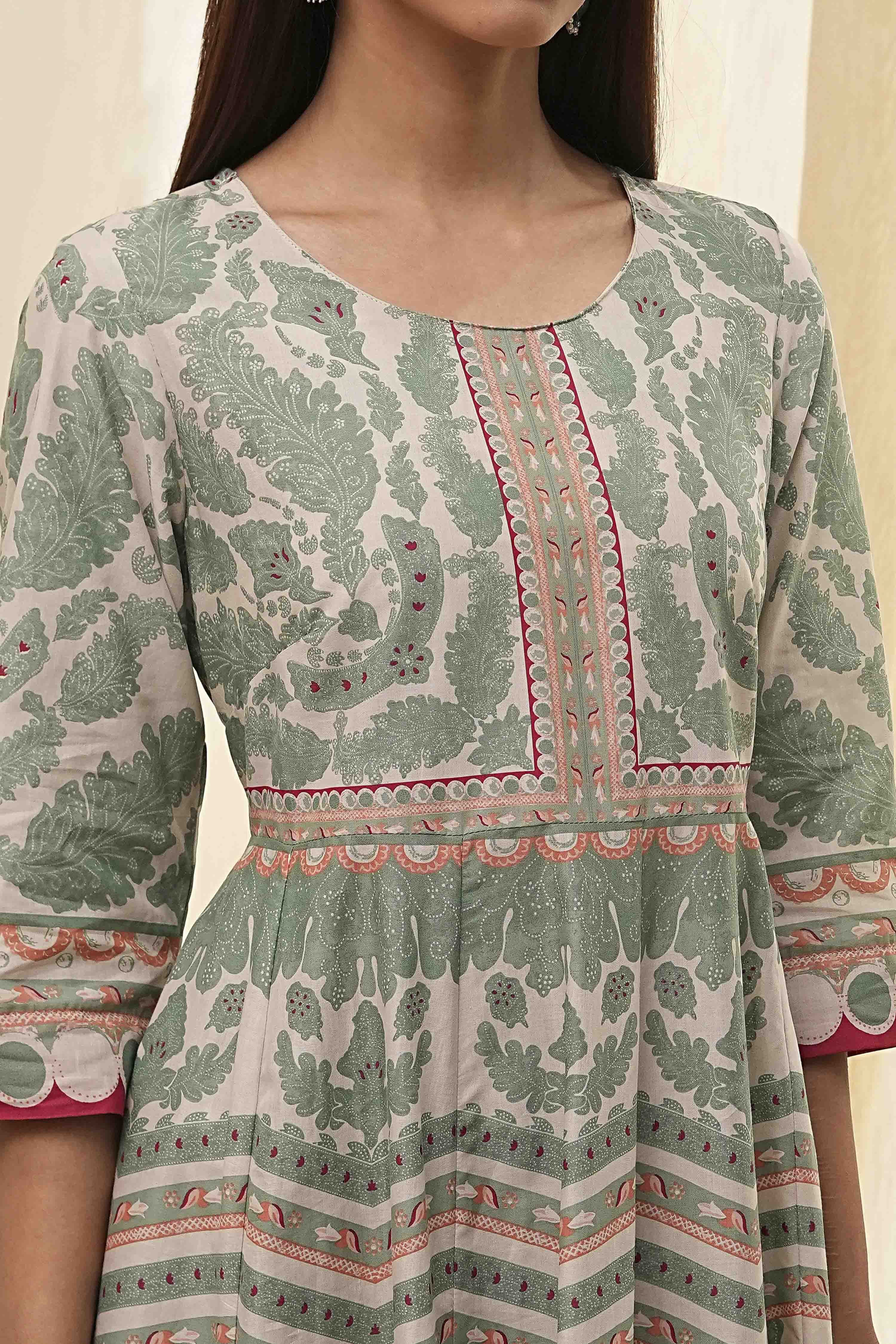 Green Cotton Printed Anarkali Suit Set image number 1