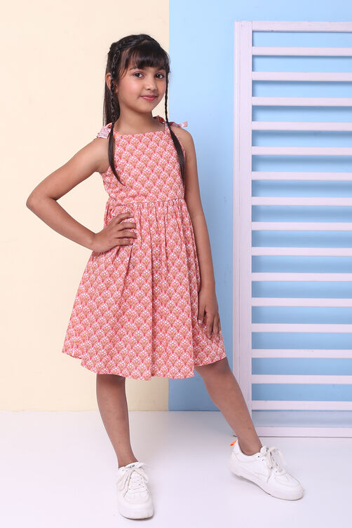 Peach Cotton Flared Printed Dress image number 0