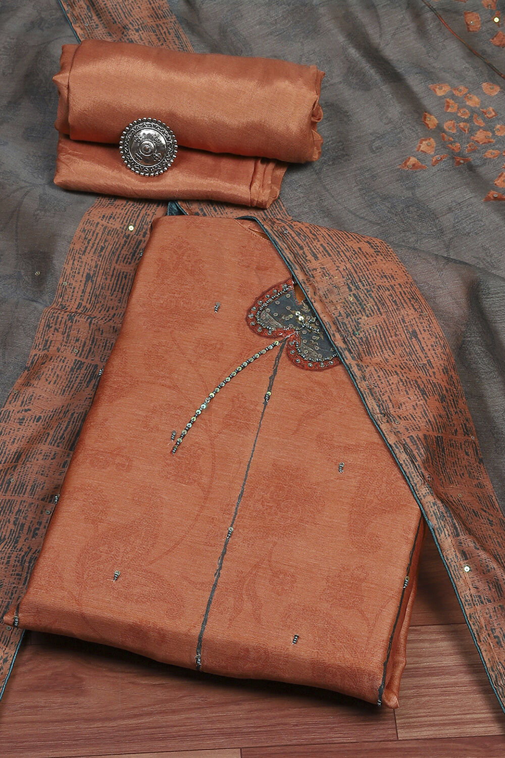 Rust Chanderi Unstitched Suit Set image number 0