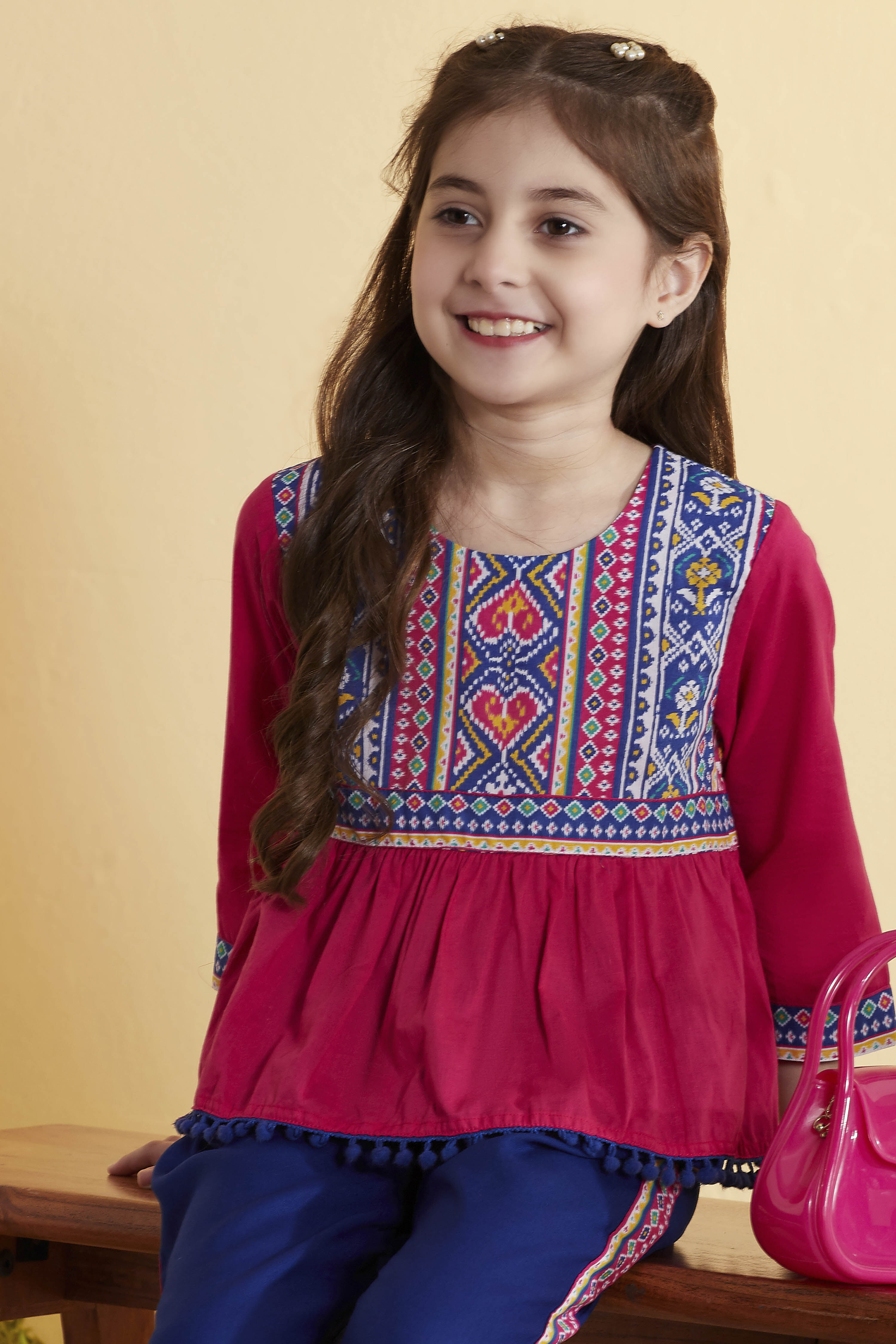 Pink Cotton Printed Gathered Kurta Pants Set image number 1