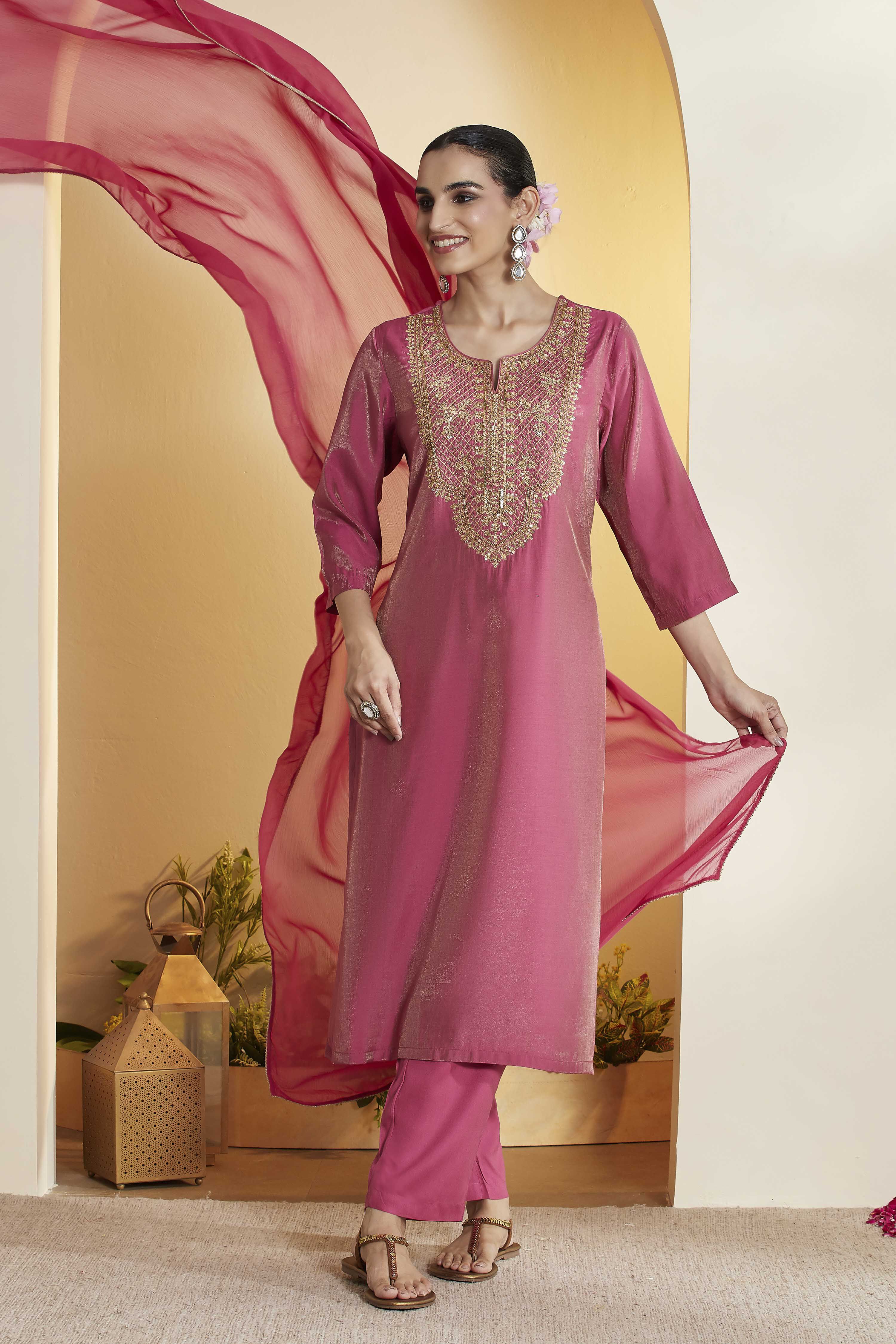 Magenta Poly Viscose Straight Suit Set image number 0