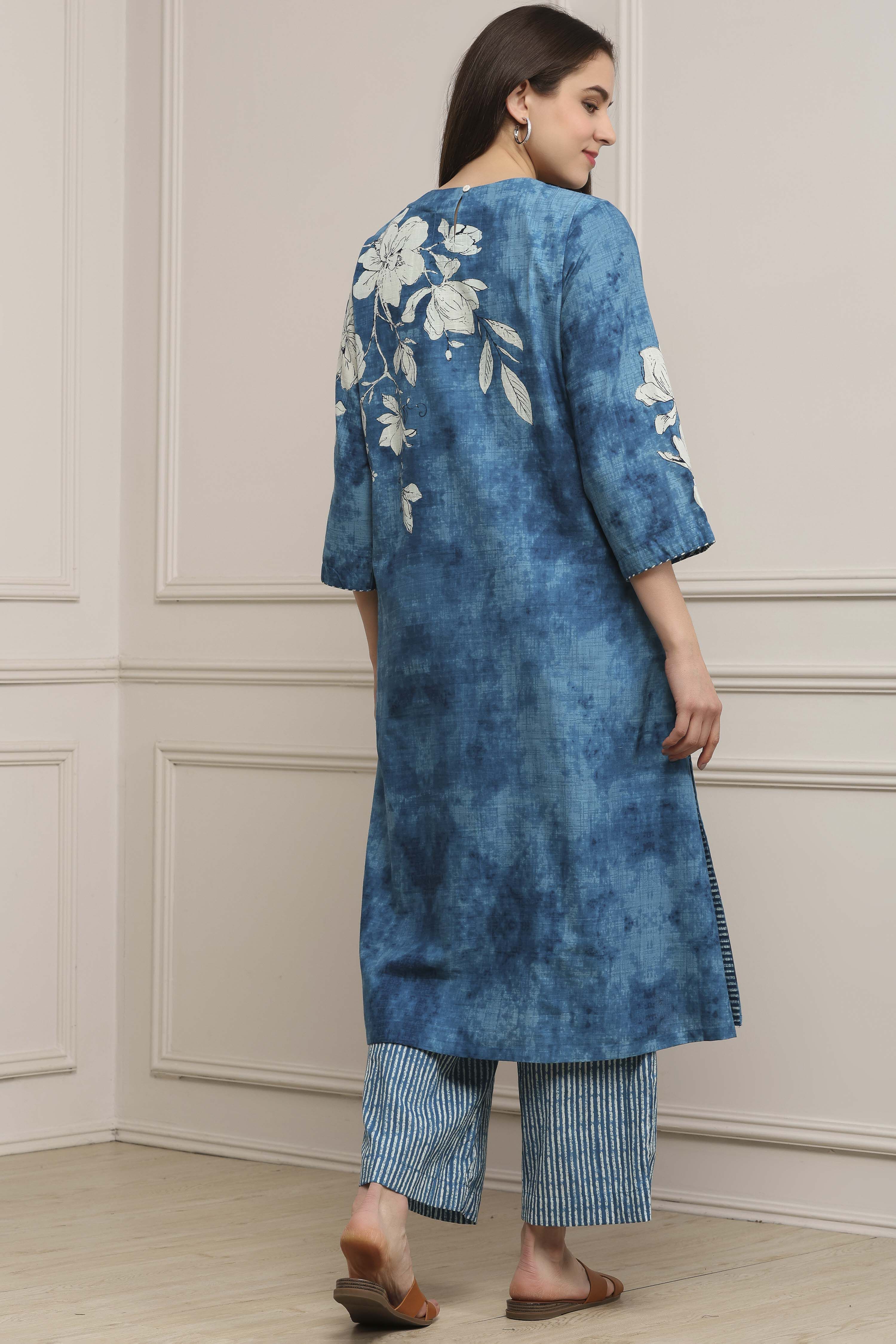 Blue Cotton Straight Suit Set image number 4