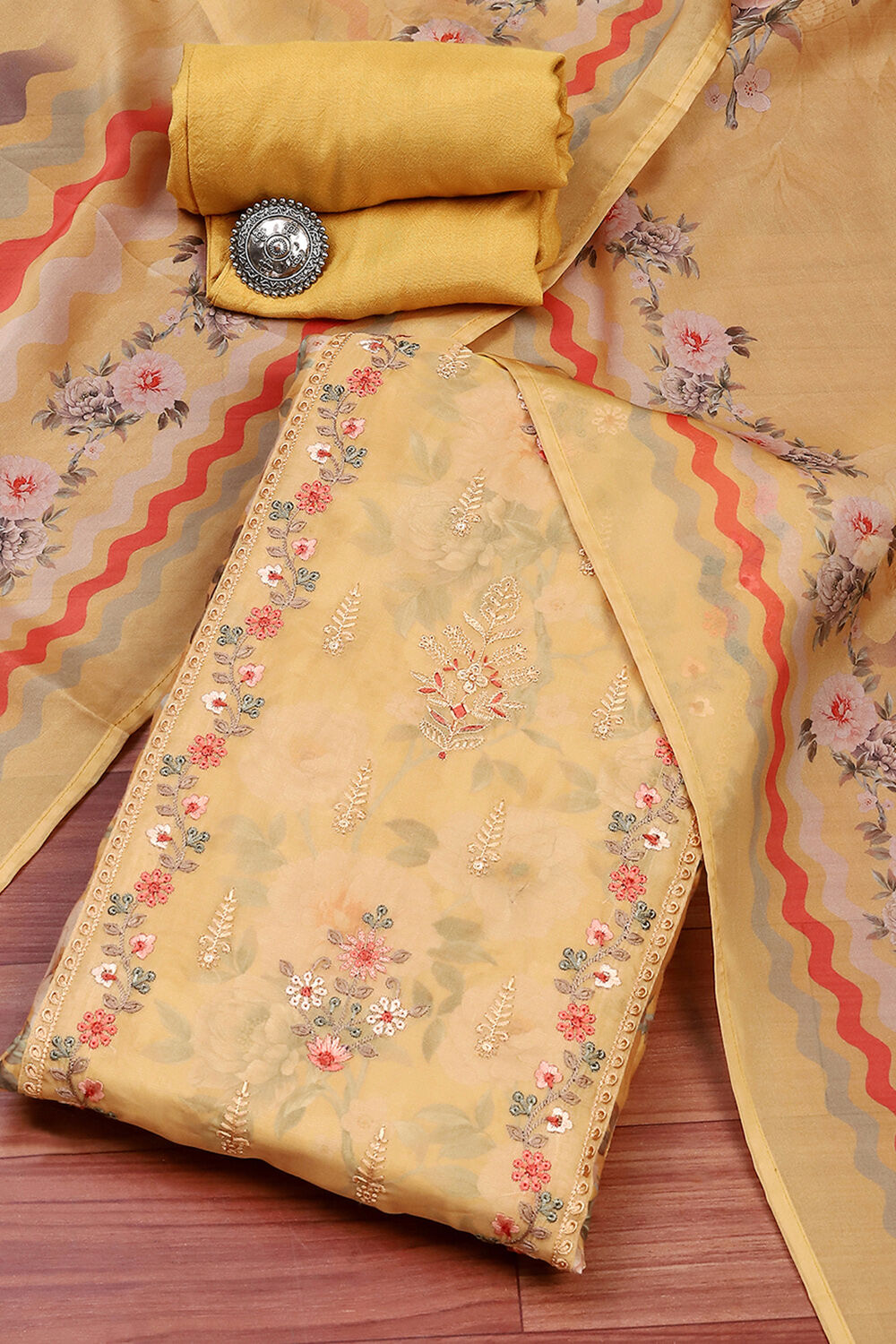 Orange Muslin Unstitched Suit Set image number 0