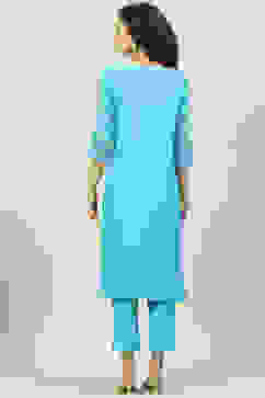 Turquoise Cotton Straight Kurta Slim Pants Suit Set image number 4
