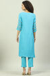 Turquoise Cotton Straight Kurta Slim Pants Suit Set image number 4