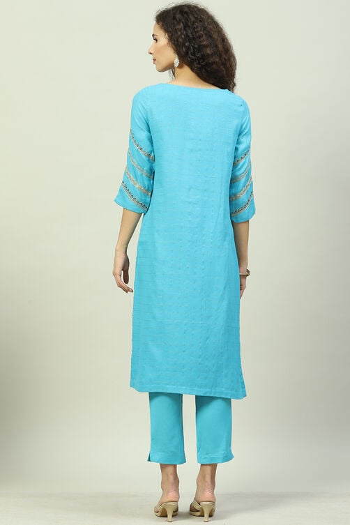 Turquoise Cotton Straight Kurta Slim Pants Suit Set image number 4