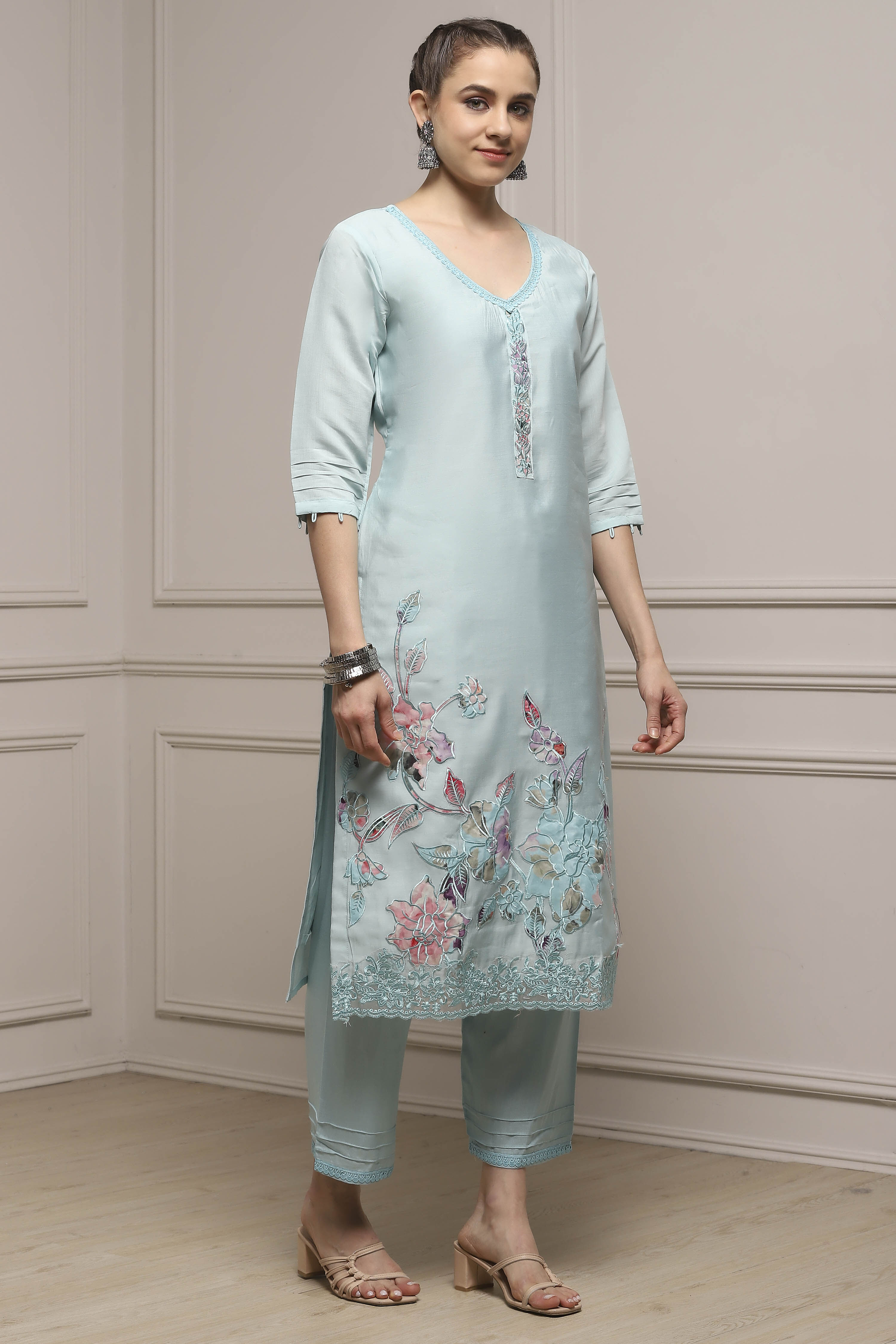 Blue Modal Digital Print Unstitched Suit Set image number 6