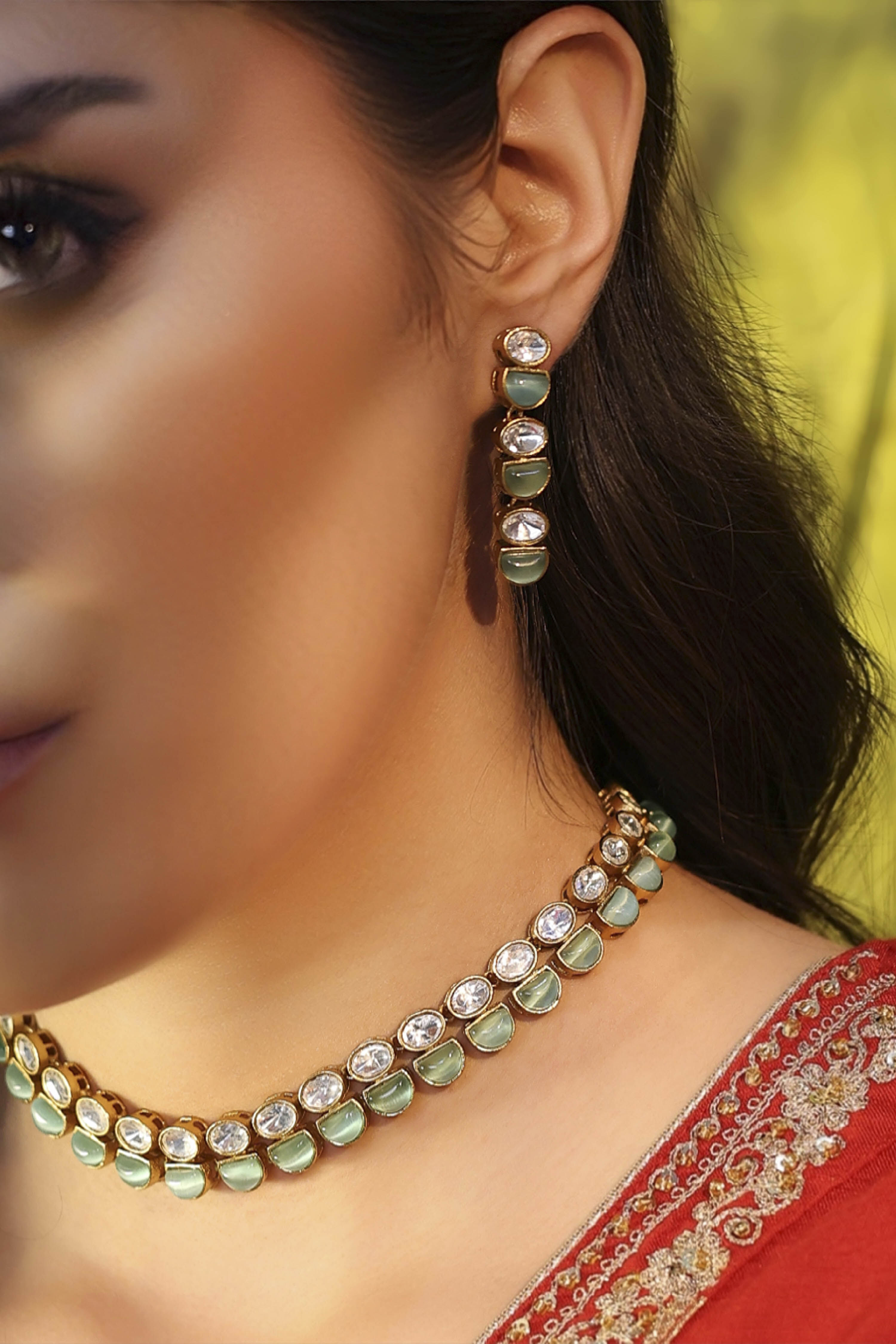 Mint Green Brass Kundan Set image number 1