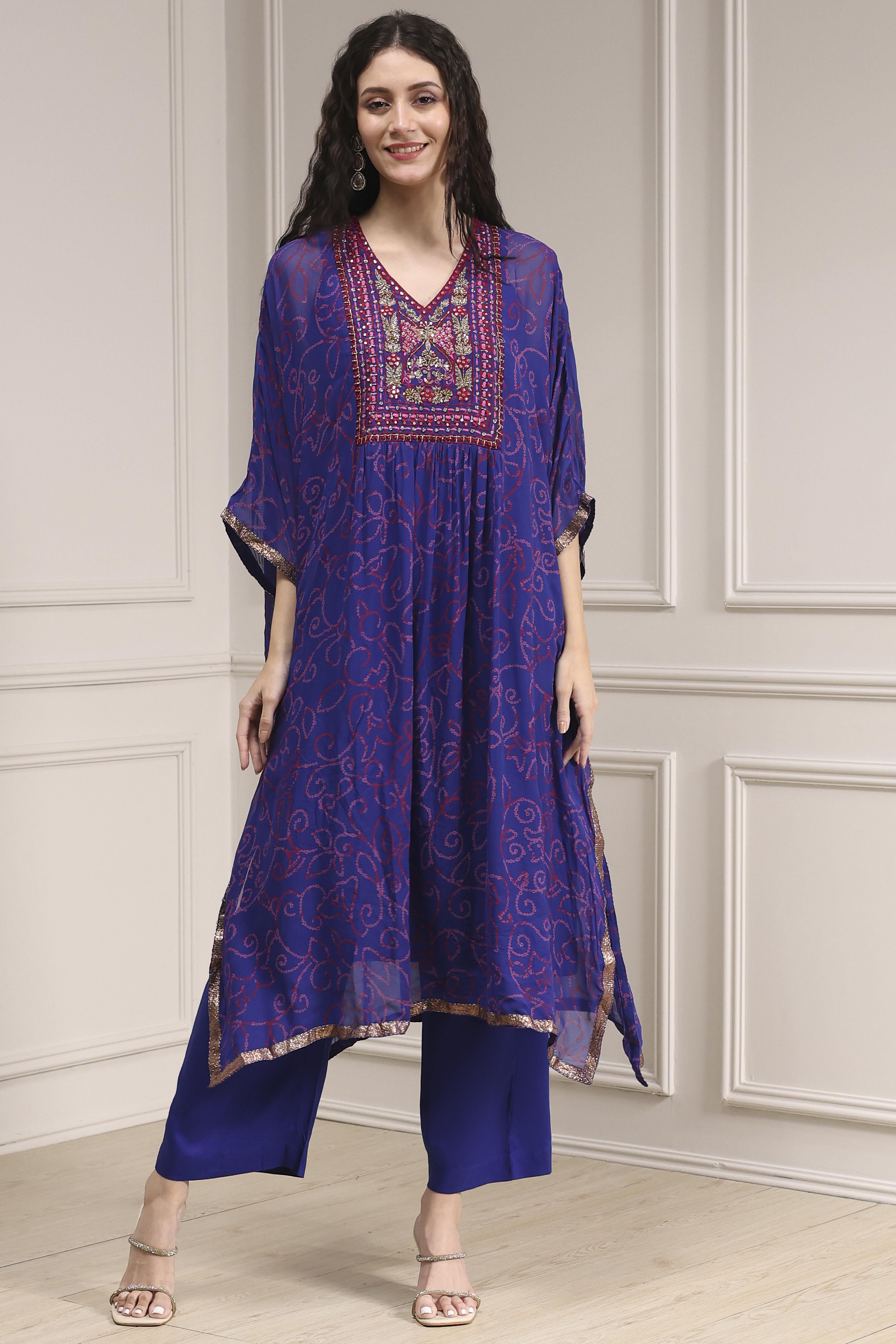 Purple Printed Kaftan Style Kurta Set image number 6
