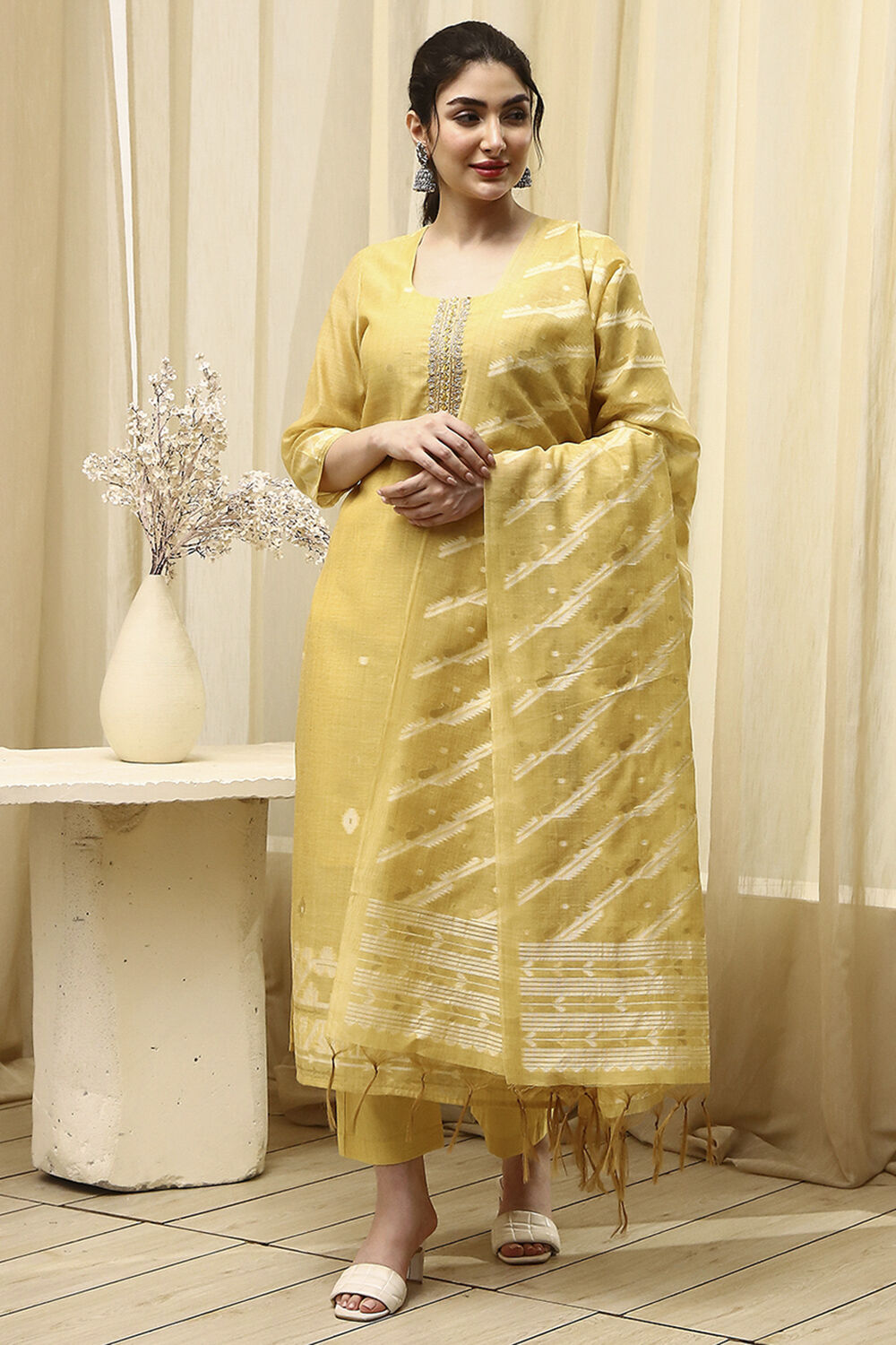 Mustard Chanderi Jamdani Unstitched Suit Set image number 7