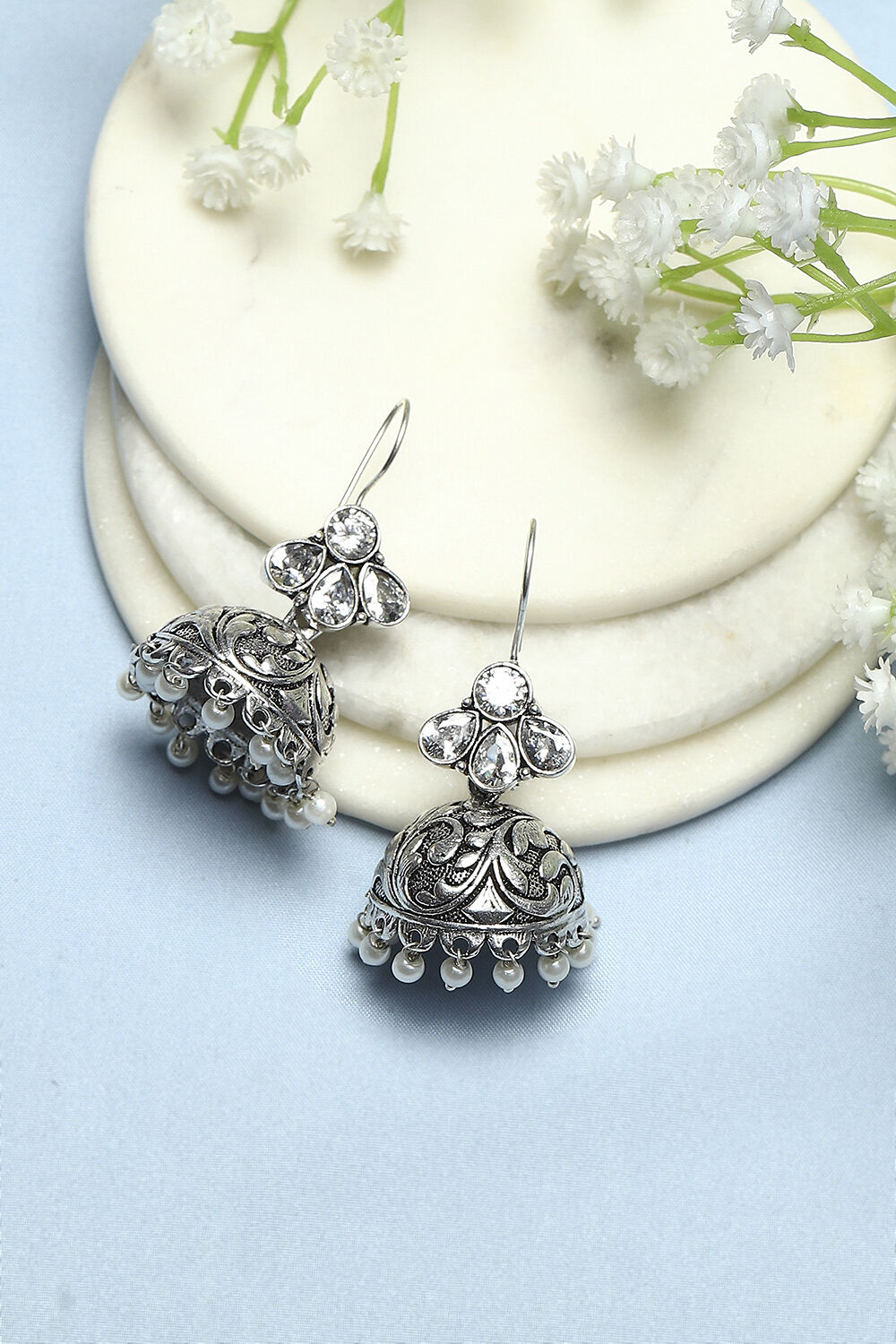 White Oxidised Stone Studded Everyday Jhumkas image number 0