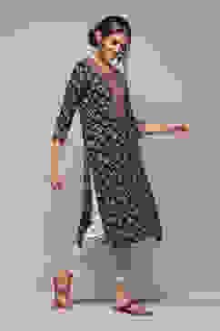 Navy LIVA Straight Printed Kurta image number 3