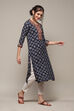 Navy LIVA Straight Printed Kurta image number 3