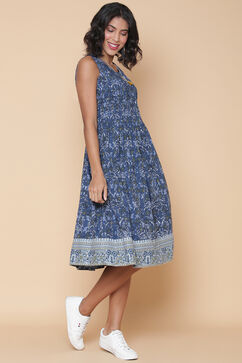 Blue Cotton Printed Kurta Dress image number 4