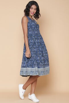 Blue Cotton Printed Kurta Dress image number 4
