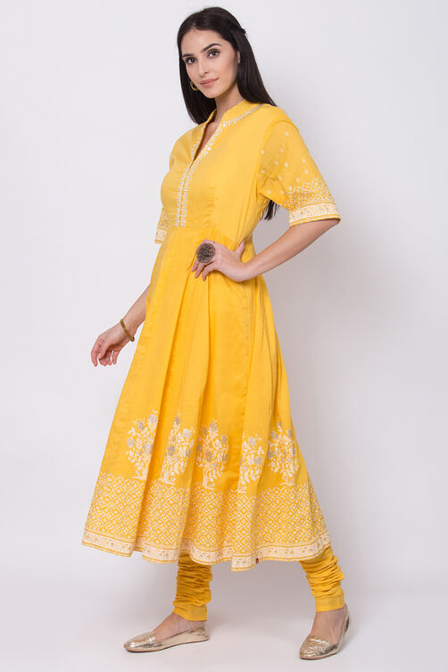Yellow Cotton Anarkali Kurta Churidar Suit Set image number 2
