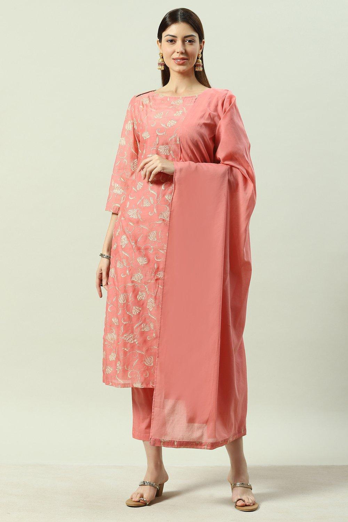 Biba by Rohit Bal Blush Pink Cotton Blend Straight Kurta Pant Suit Set