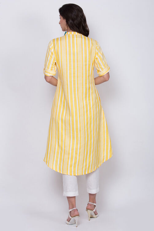 Yellow Striped Linen Printed Kurta image number 4