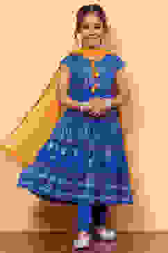 Blue Cotton Printed Tiered Festive Flared Suit Set image number 0