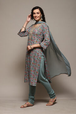 Sea Green Cotton Handloom Unstitched Suit Set image number 6