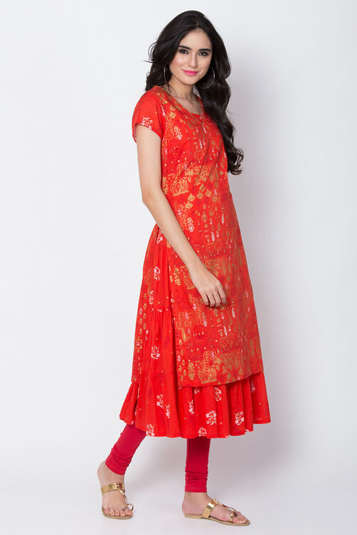 Red Cotton Flared Printed Kurta image number 3