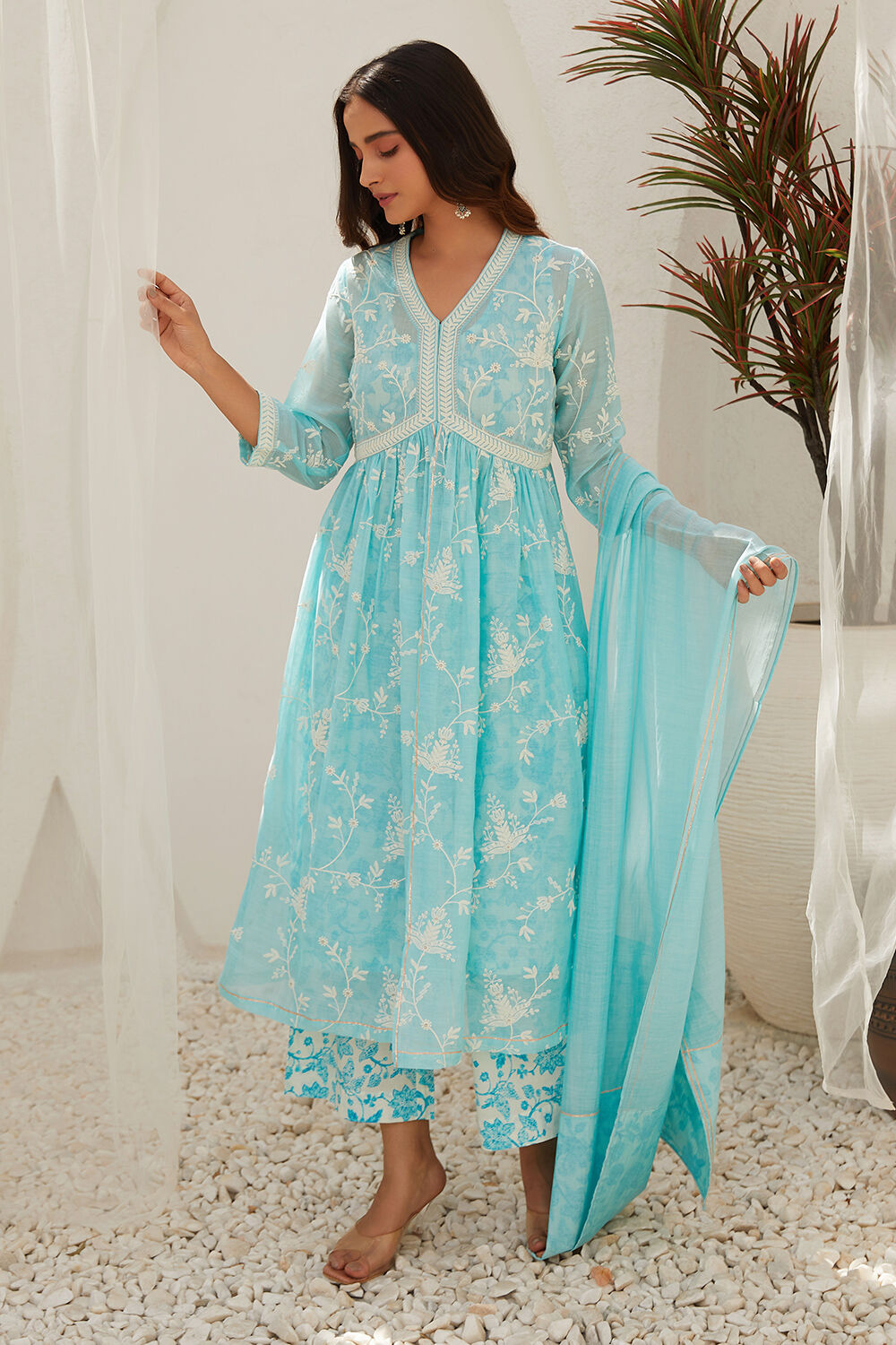 Aqua Cotton Gathered Kurta & Palazzo Suit Set image number 4
