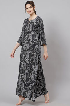 Black Straight Viscose Two Piece Printed Sleepwear Set image number 2