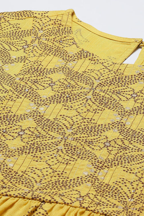 Mustard LIVA Flared Printed Short Kurti image number 1