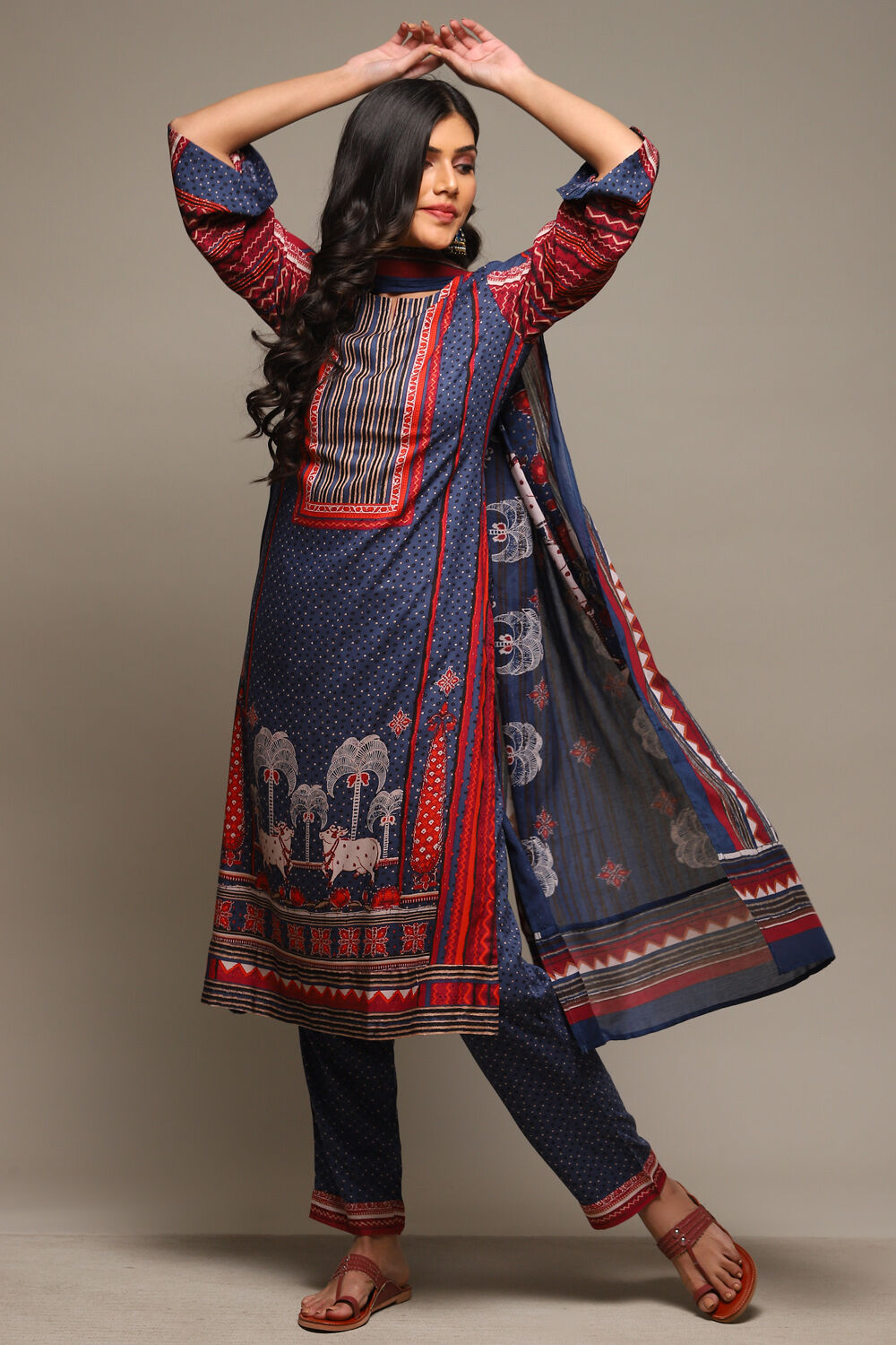 Indigo & Red Rayon Straight Kurta Pants Suit Set image number 0