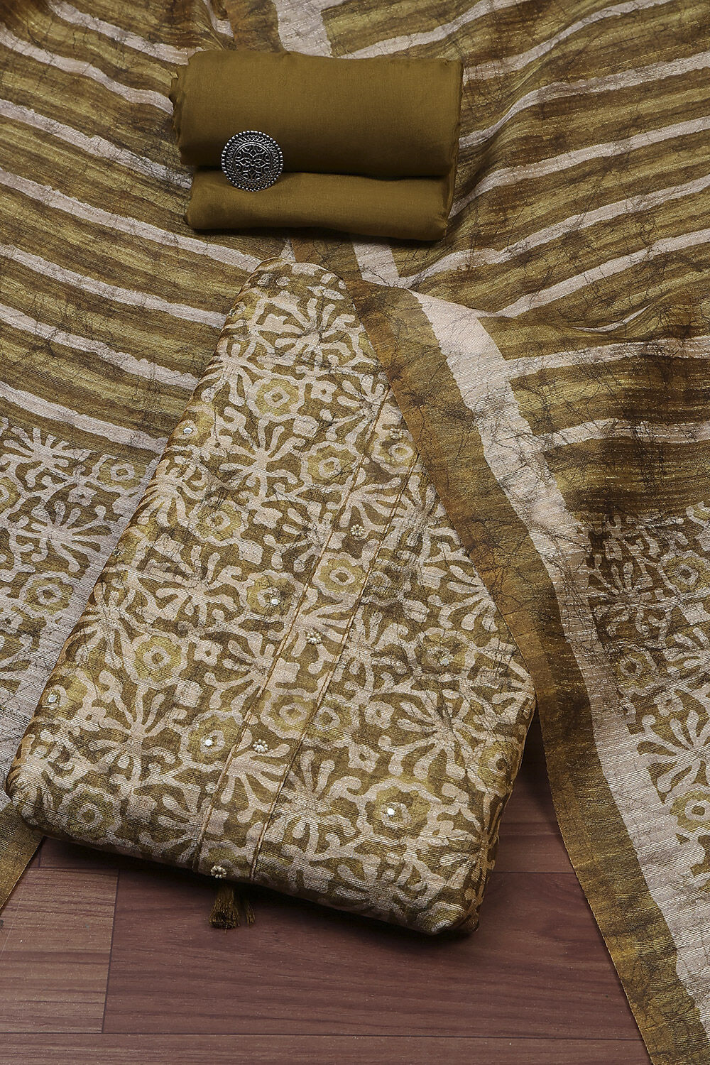 Slate Green Silk Blend Printed Unstitched Suit Set image number 0