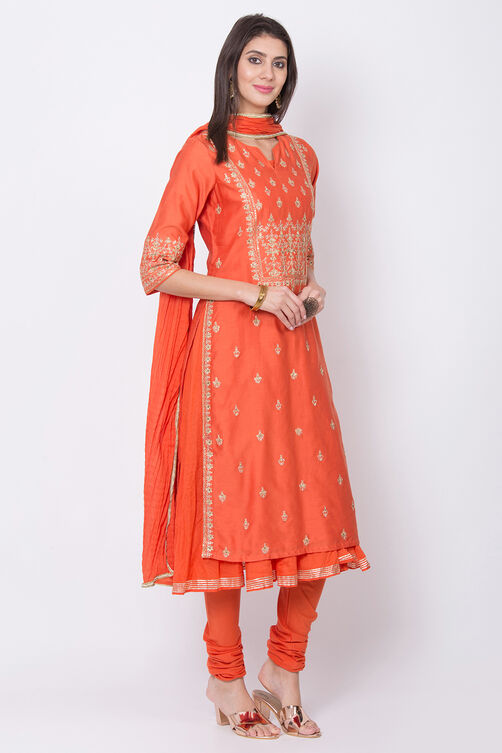 Orange Cotton Blend Silk Flared Kurta Churidar Suit Set image number 3
