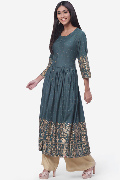 Green Rayon Flared Printed Kurta Dress image number 2