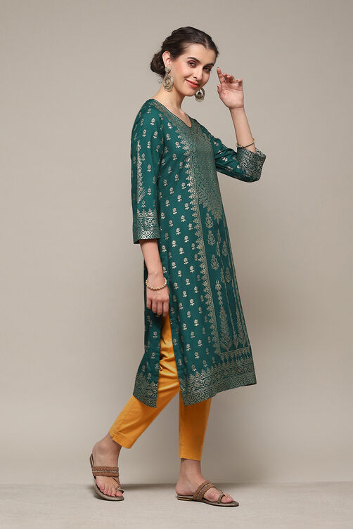 Bottle Green LIVA Straight Printed Kurta image number 3