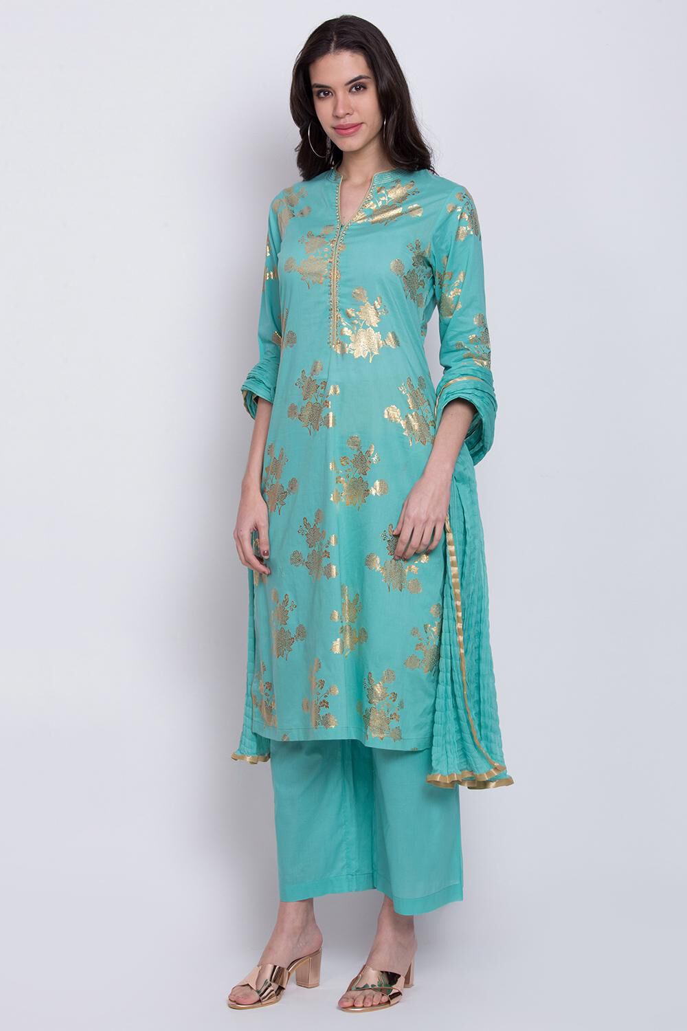 Teal Straight Kurta Palazzo Suit Set image number 2