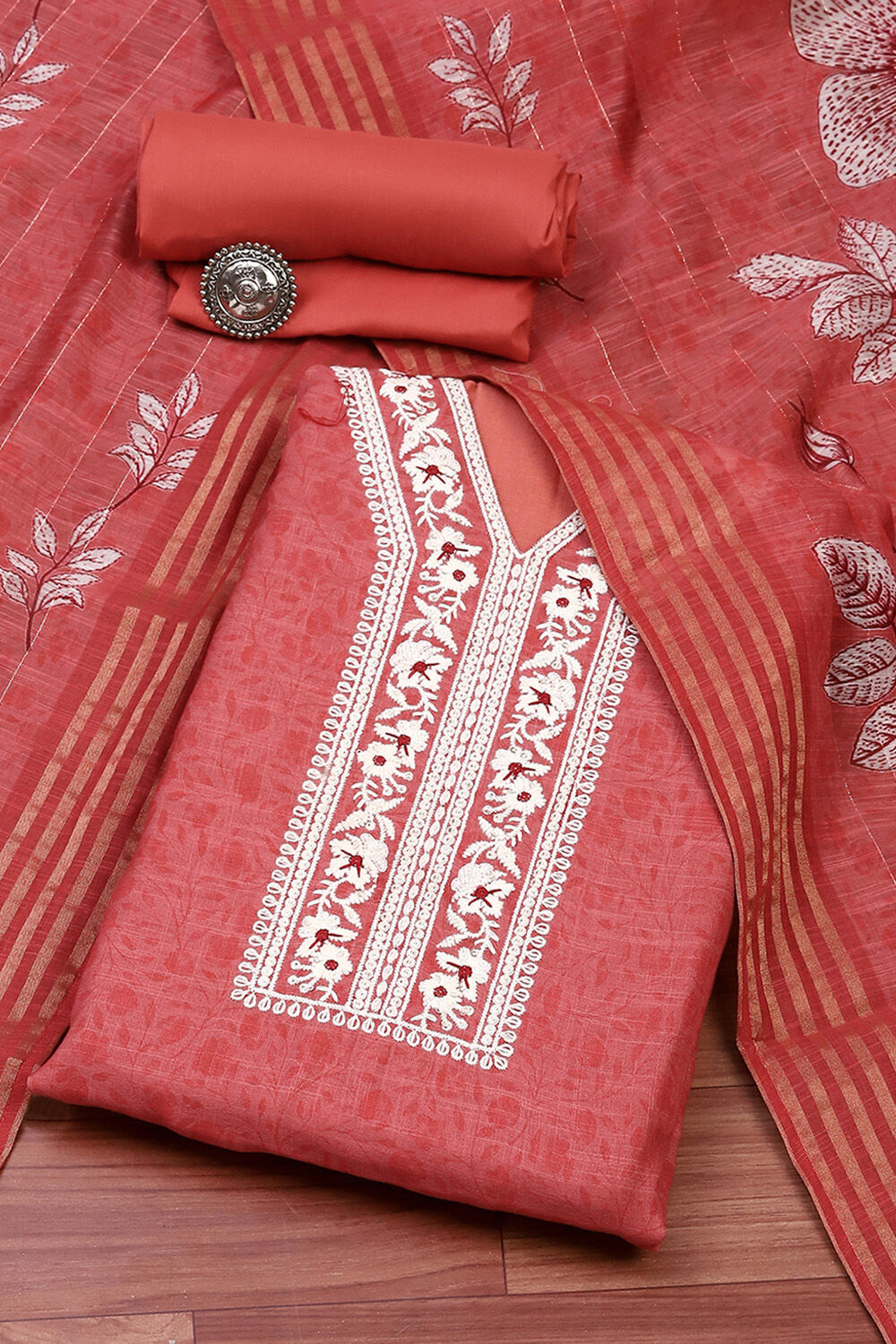 Rust Linen Digital Print Unstitched Suit Set image number 0