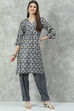 Navy Poly Viscose Flared Printed Kurta Set image number 0