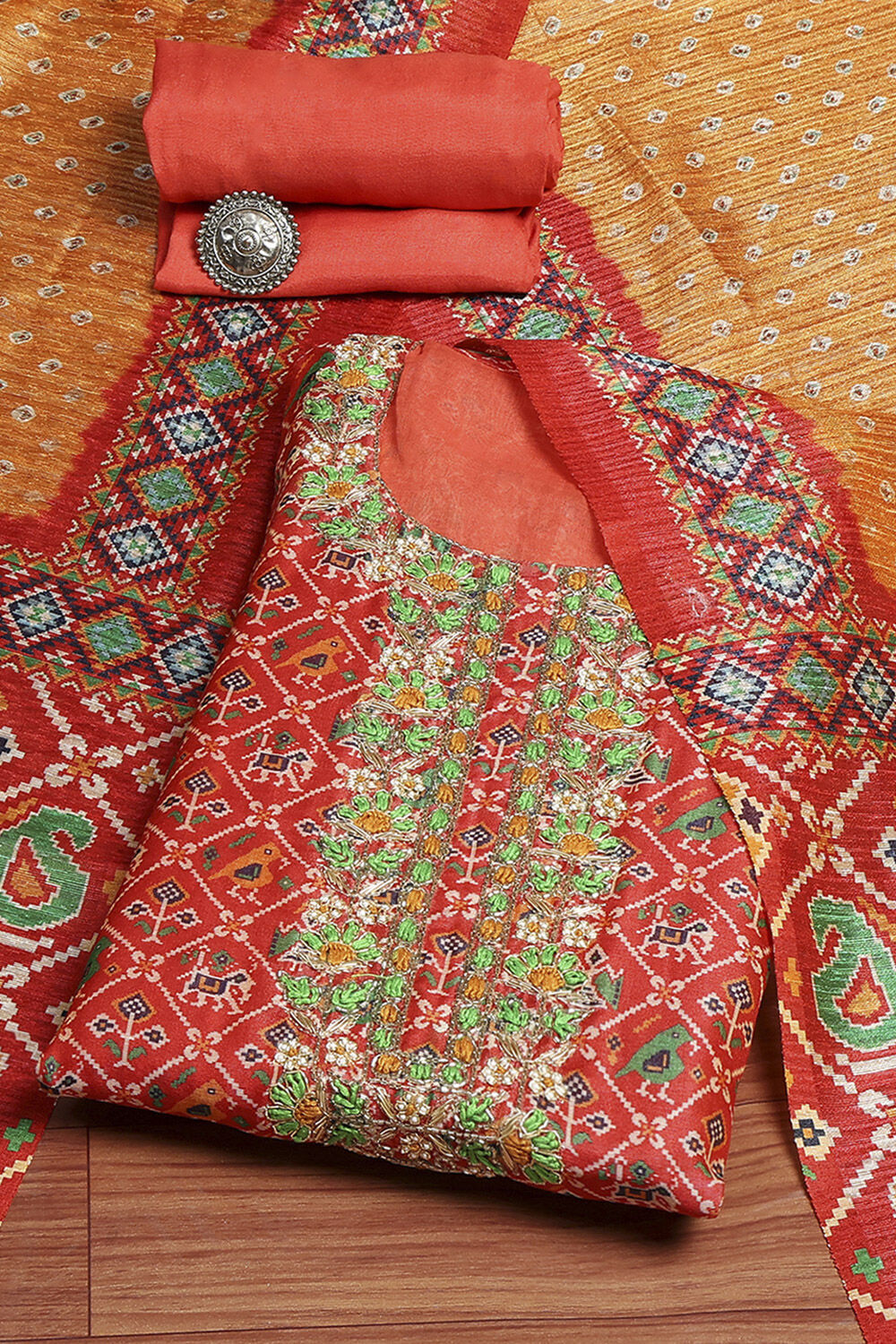 Red Chanderi Machine Embroidered Unstitched Suit Set image number 0
