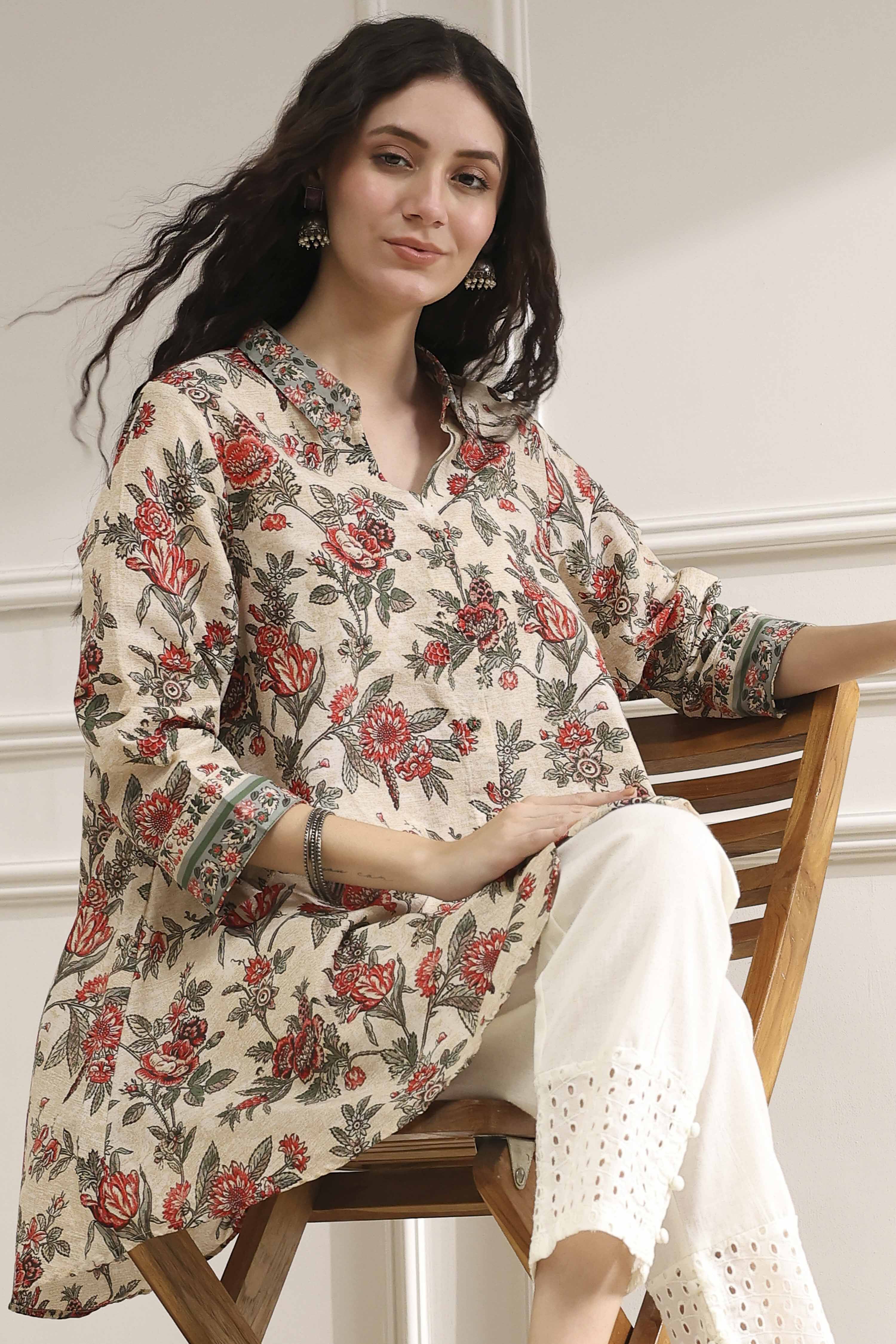 Off-White and Red Cotton A-Line Shirt image number 6