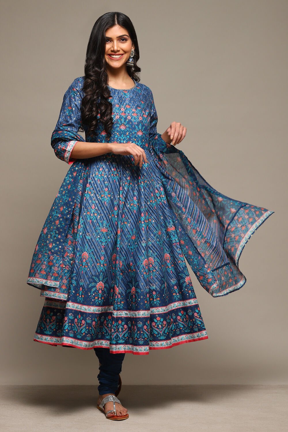 Indigo Cotton Anarkali Kurta Churidar Suit Set