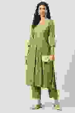 Green Rayon Straight Kurta Pant Suit Set image number 6