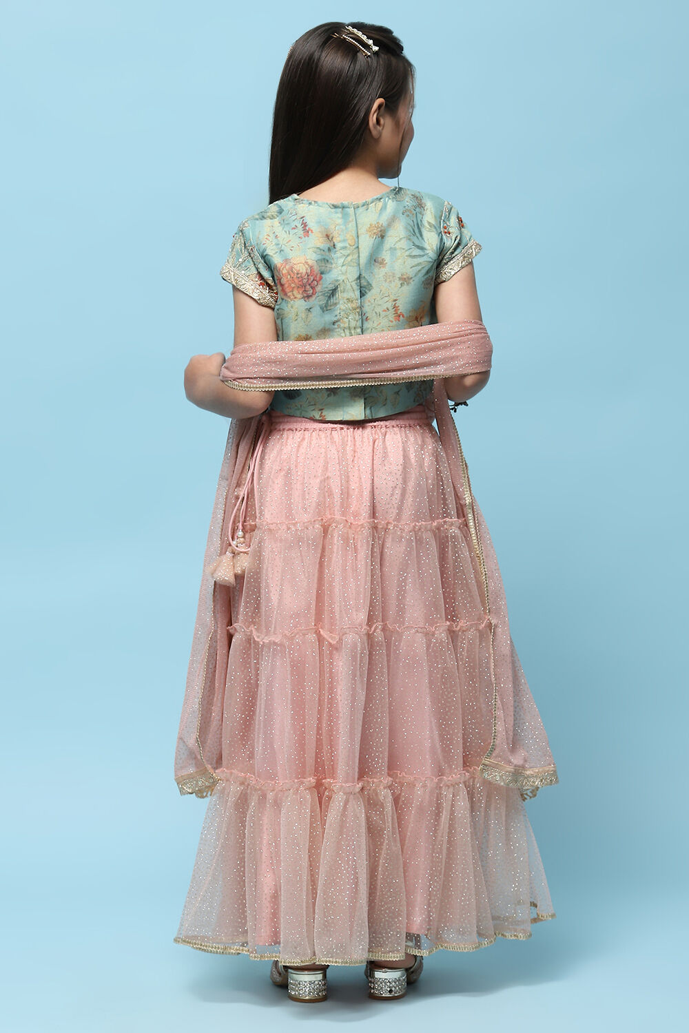 Green Cotton Tissue Blouse Tiered Lehenga & Net Dupatta image number 5