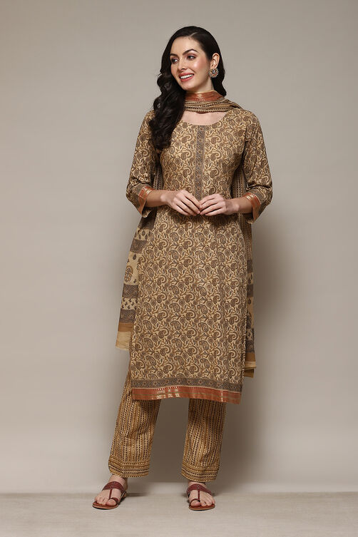 Coffee Brown Cotton Machine Embroidered Unstitched Suit Set image number 8